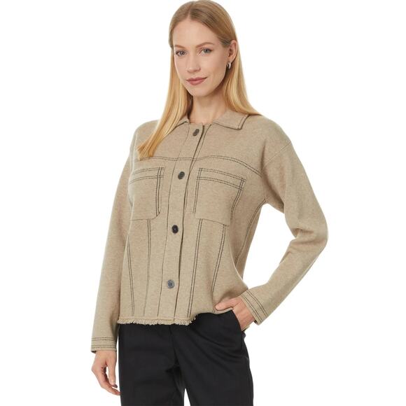 EUC Elliott Lauren Beige Top Stitch Button Front Sweater Jacket Sz M Fringe Hem - Picture 3 of 16